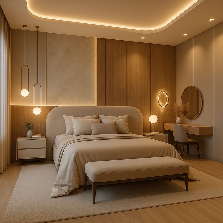 Dormitório planejado em tons claros com cama, iluminação indireta e penteadeira integrada